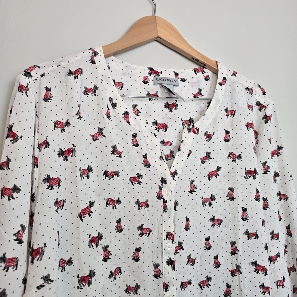 Catherines Scottie Dog Print Blouse 2X Tie Sleeve Tunic Top NWT Holiday Cute Dog